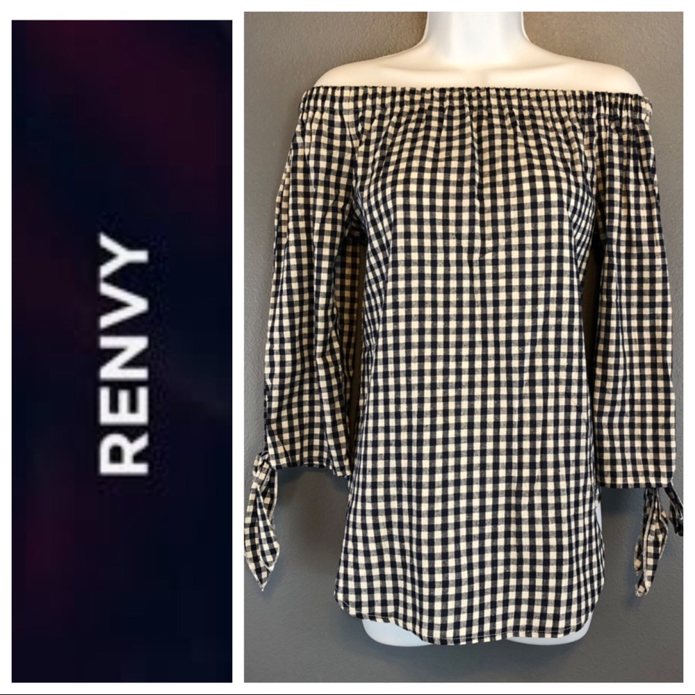 RENVY plaid gingham off shoulder tied tunic top